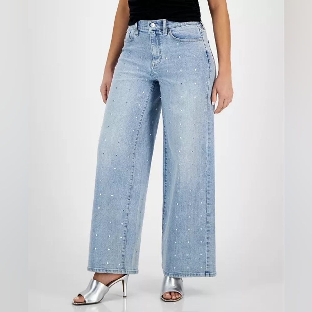 DKNY Women's 27 High Rise Studded Wide Leg Jeans Denim Pants